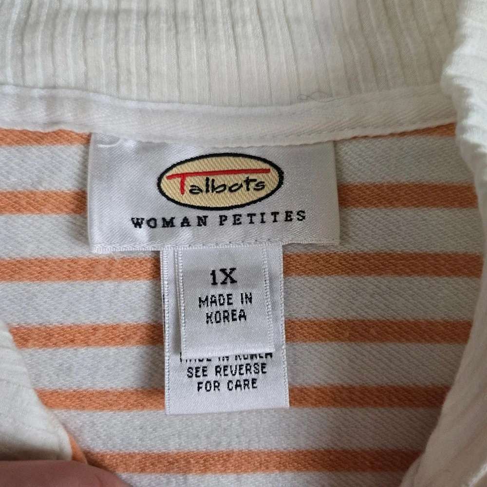 90s Vintage Talbots White Peach Orange Stripe Full Zip Mock Neck Sweater Size 1X
